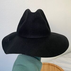 TIRABASSO NWOT 100% Wool Black Wide Brim Hat with Floral Detail, OS